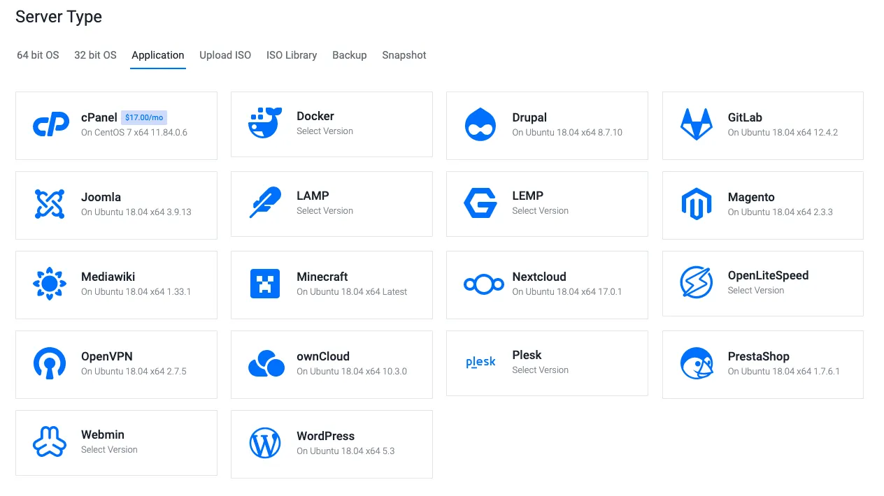Vultr preinstalled application options screenshot