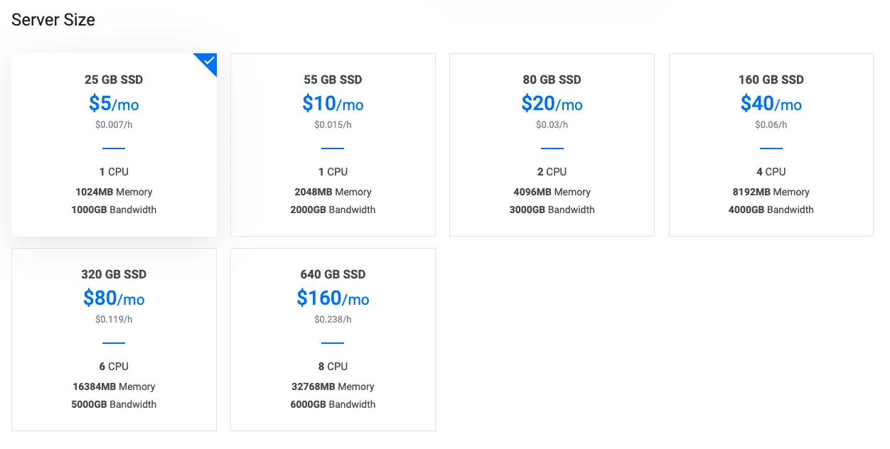 Vultr server specs option screenshot