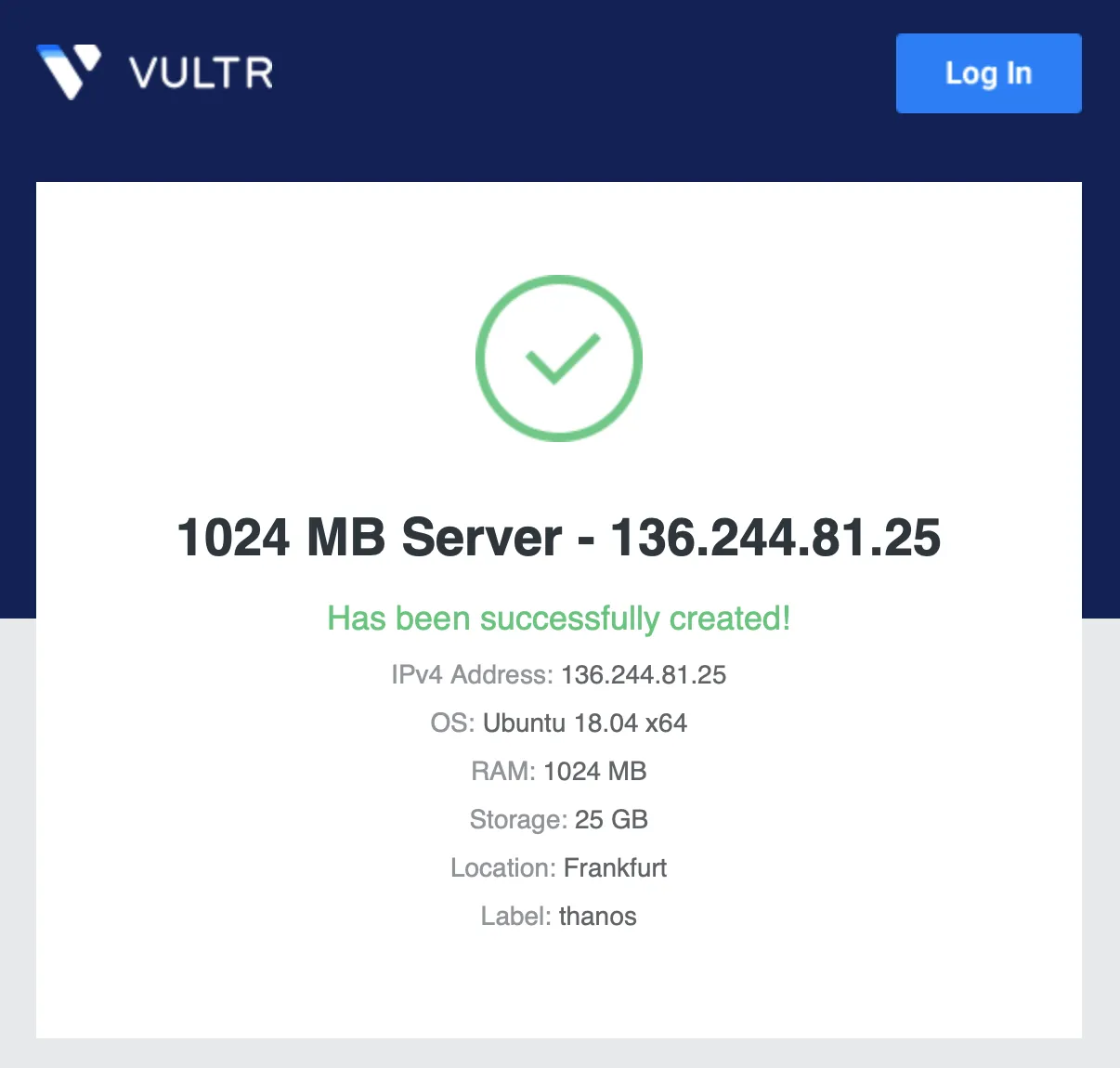 Vultr success deployment email screenshot