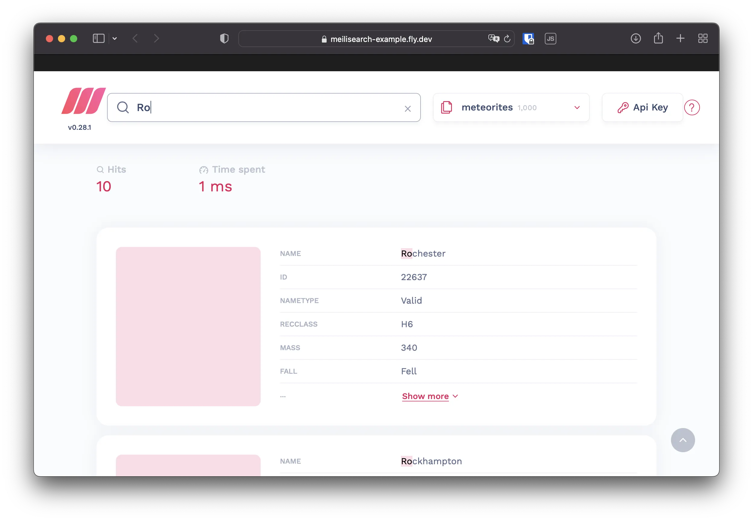 Meilsearch search preview in action