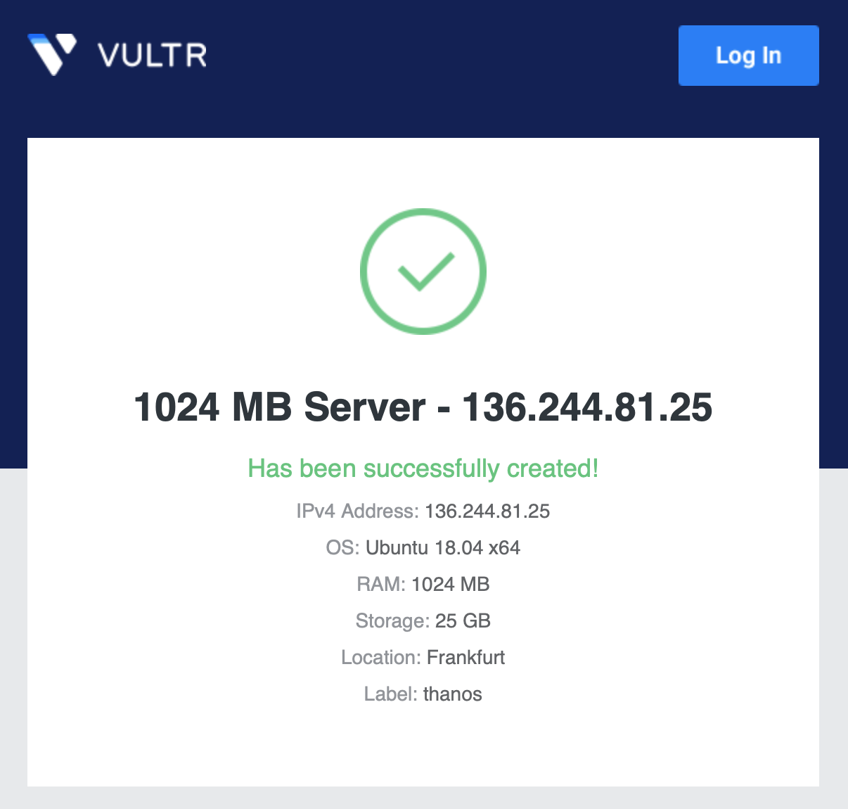 Vultr success deployment email screenshot